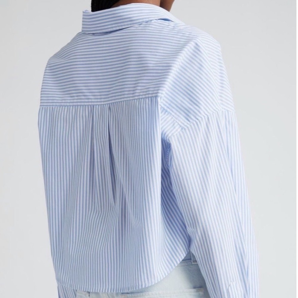 Favorite Daughter The Crop Stripe Cotton Button-Up Shirt Blue M - Picture 5 of 15